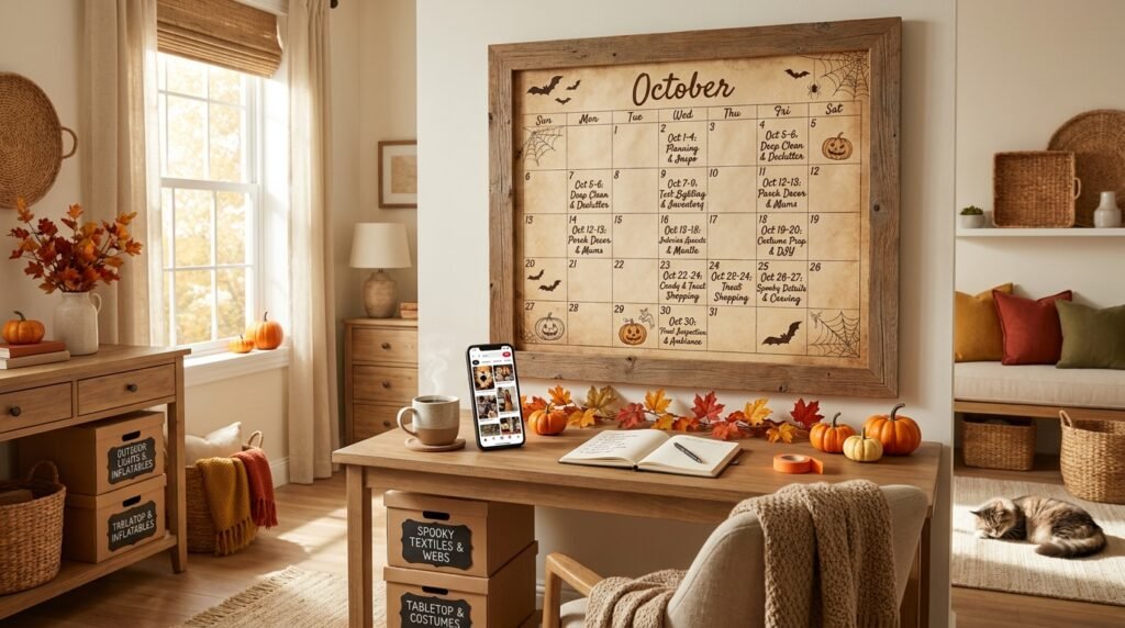 Home office desk with a large framed October calendar on the wall outlining a week-by-week Halloween decorating schedule