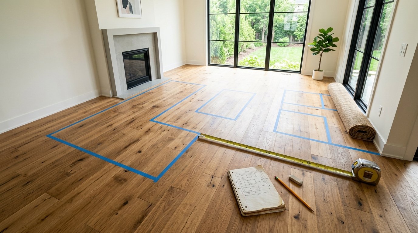 Living room floor mapped with blue painter's tape to plan furniture layout alongside a tape measure and sketchbook