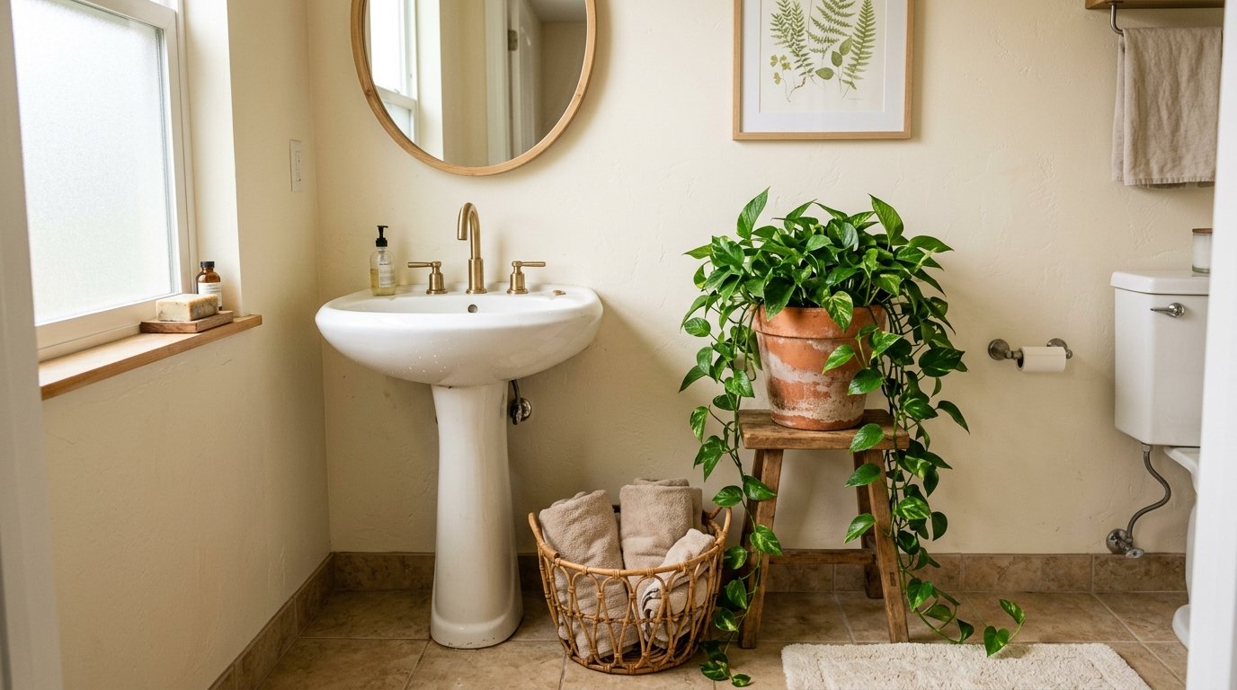 Lush trailing pothos plant in a terracotta pot set atop a small rustic wooden stool next to a pedestal sink