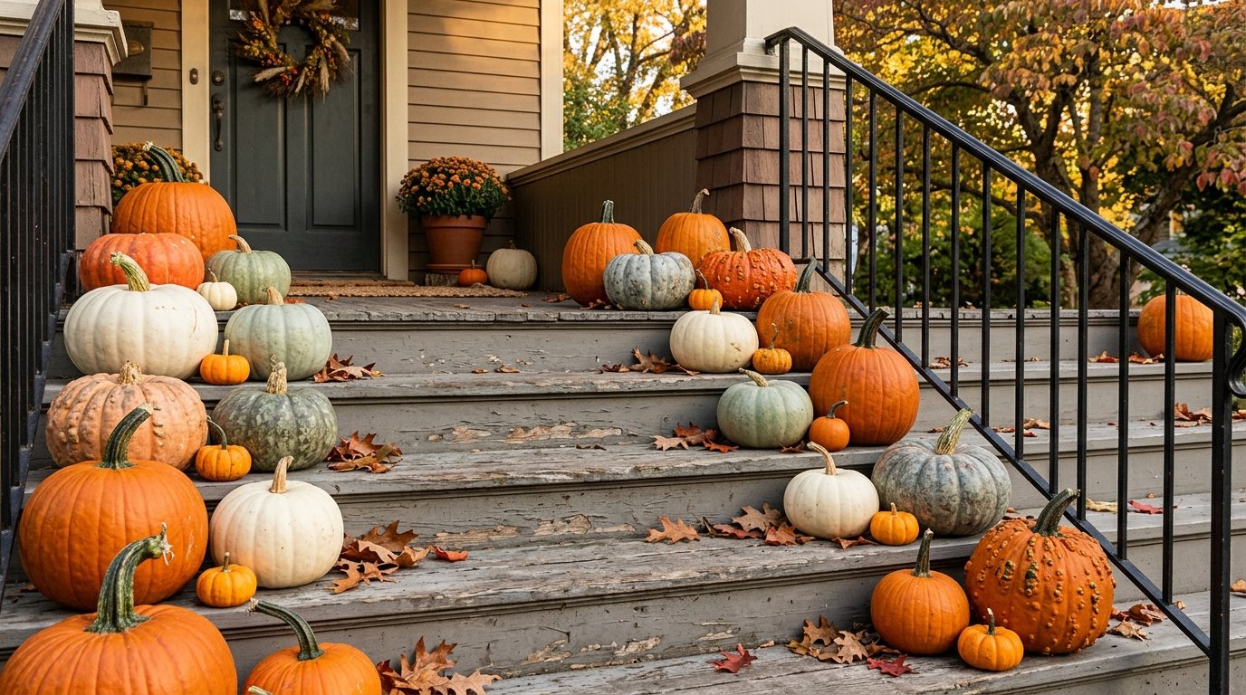 Front porch wooden stairs overflowing with an abundant assortment of orange, white, and heirloom pumpkins