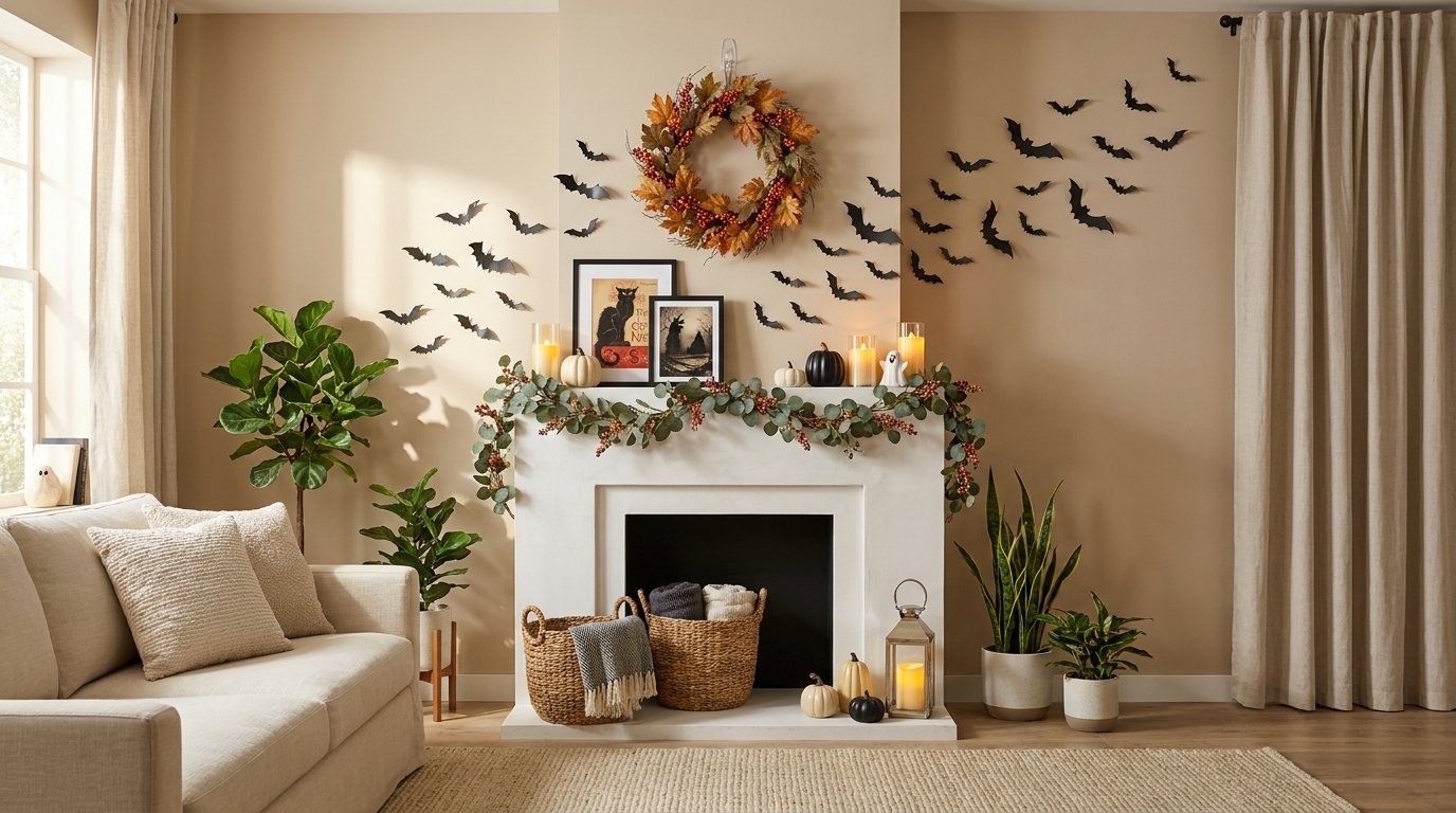 Renter-friendly fireplace setup utilizing removable bat decals, temporary hook wreath, leaning framed art, and floor lanterns