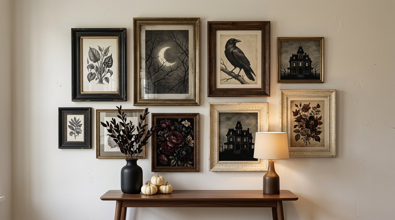 Gallery wall above a console table featuring mismatched vintage picture frames displaying spooky black-and-white prints and crows