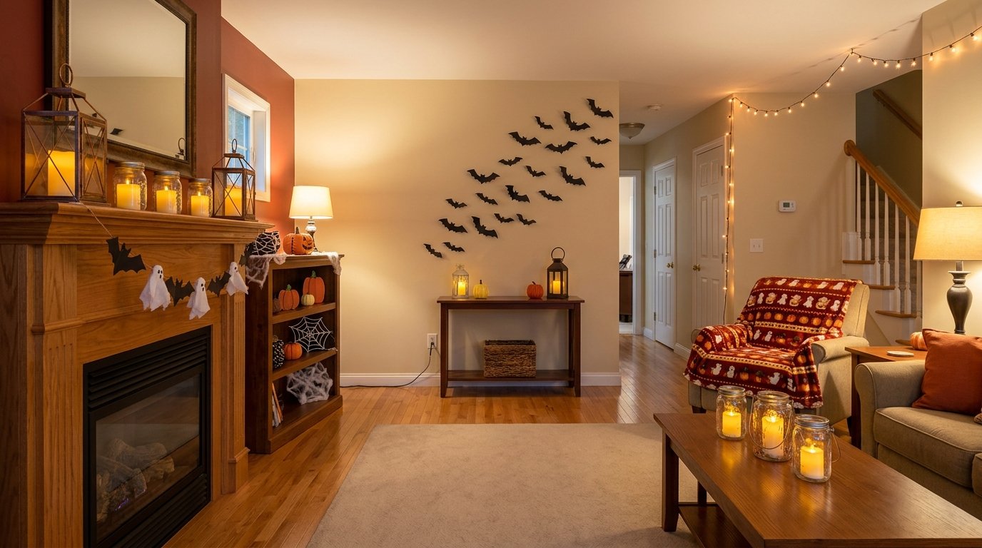 Cozy family living room safely decorated for Halloween with LED lanterns and fairy-lit glass jars kept away from open flames