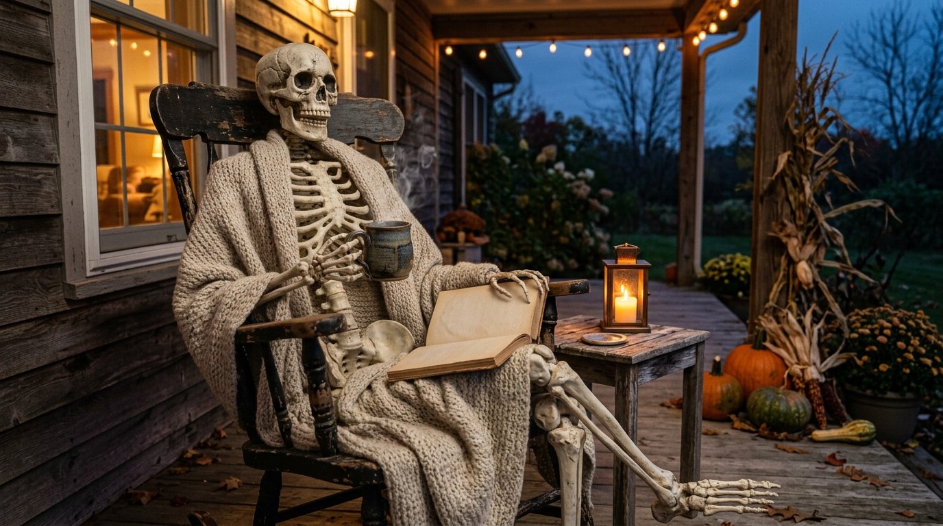 Full-sized skeleton posed relaxing in a wooden rocking chair wrapped in a cozy knit blanket with a mug and open book