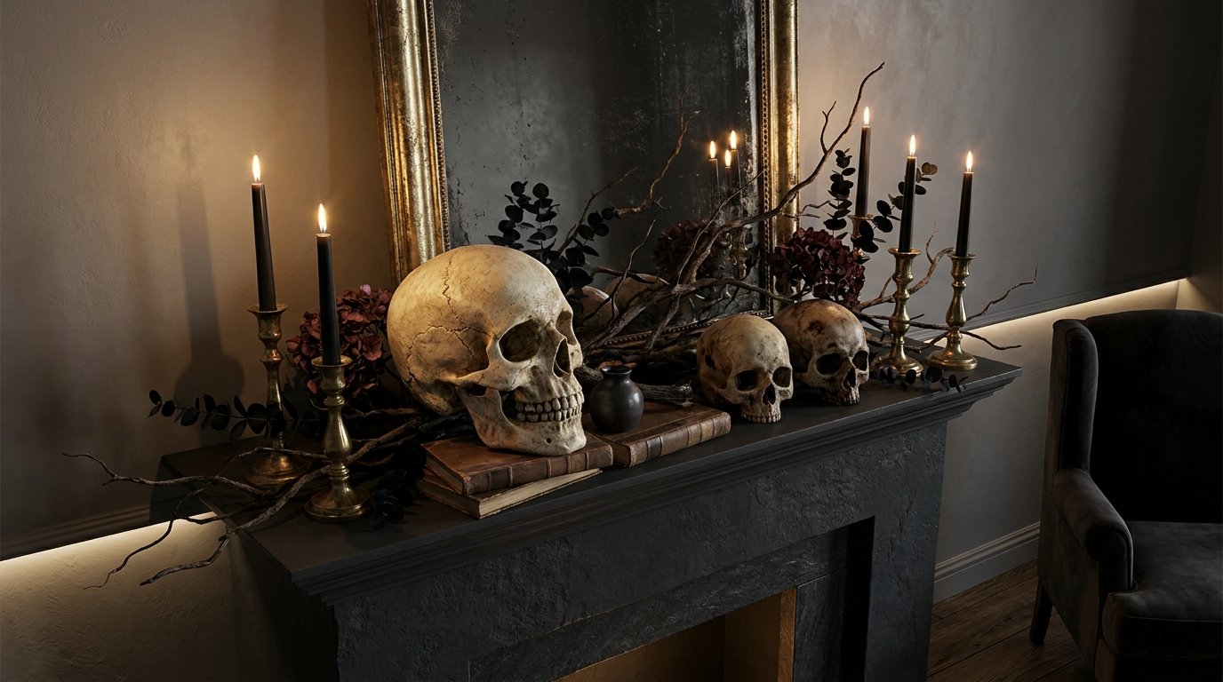 Dark stone mantel arranged with realistic decorative skulls resting on antique leather books, dark foliage, and brass candlesticks