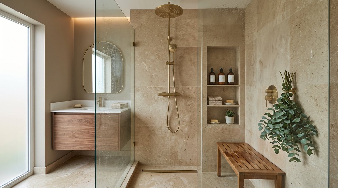 Walk-in shower with natural stone tiles, brass fixtures, a teak bench, and fresh hanging eucalyptus branches