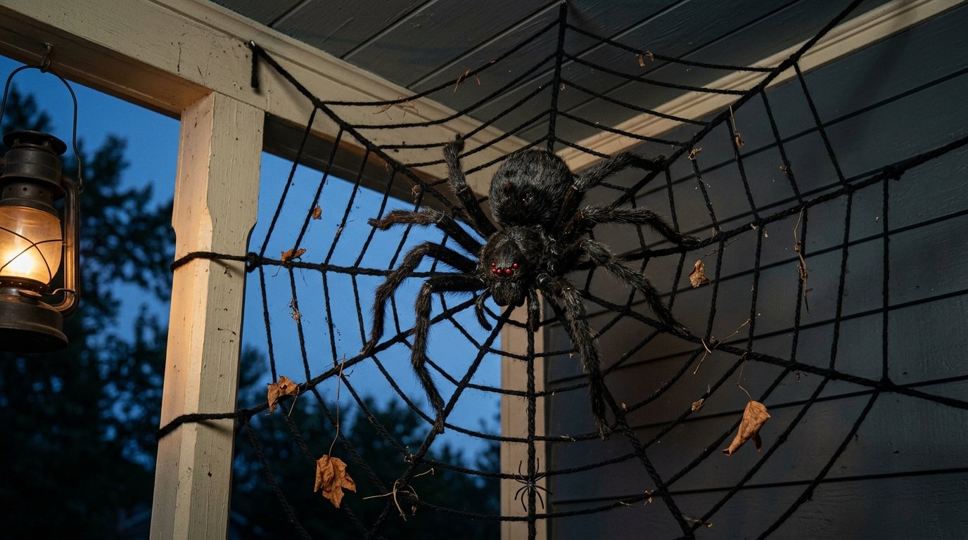 Large black hairy spider nestled inside a giant rope web strung between the porch roof and support beam