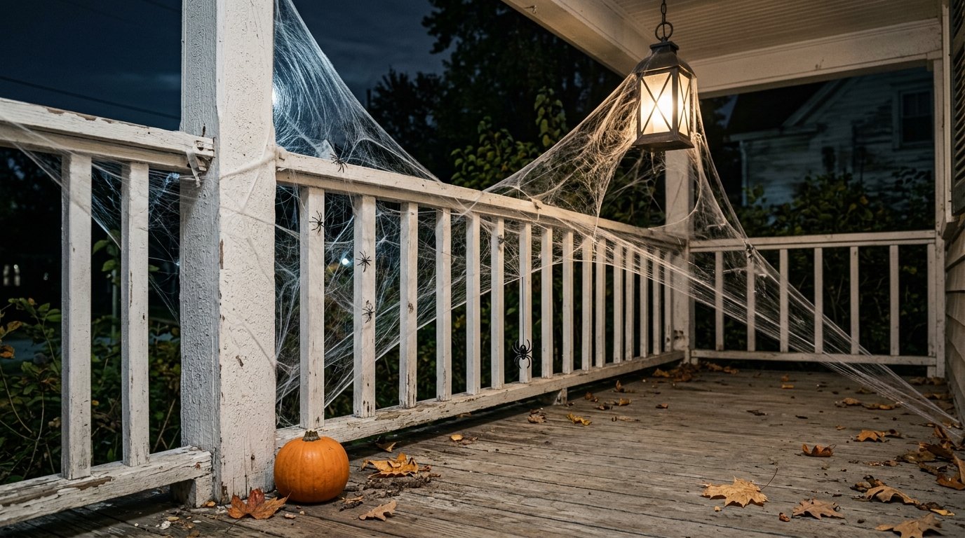 Fine realistic spiderwebs stretched across a white porch railing and hanging lantern with small plastic spiders