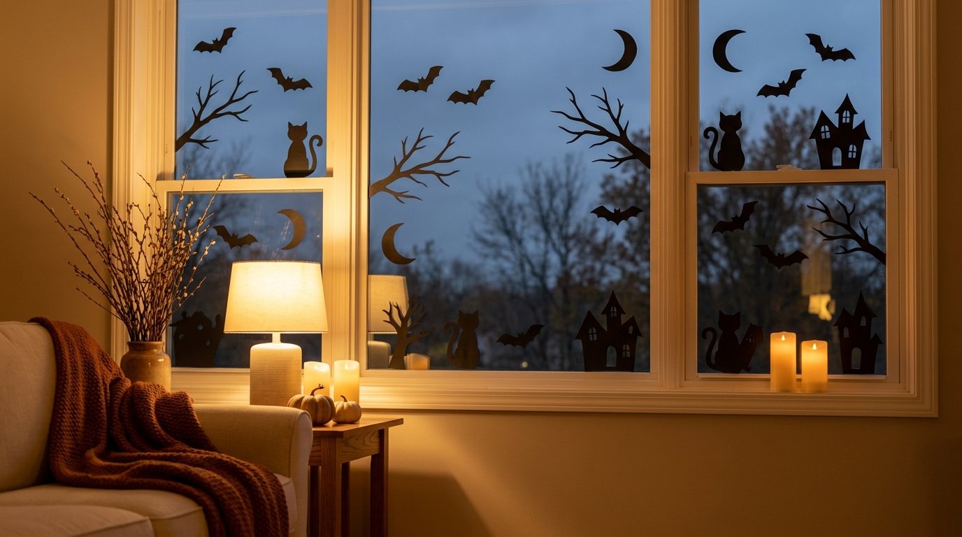 Window filled with black cardstock silhouettes of bats, black cats, bare branches, and haunted houses glowing from lamplight