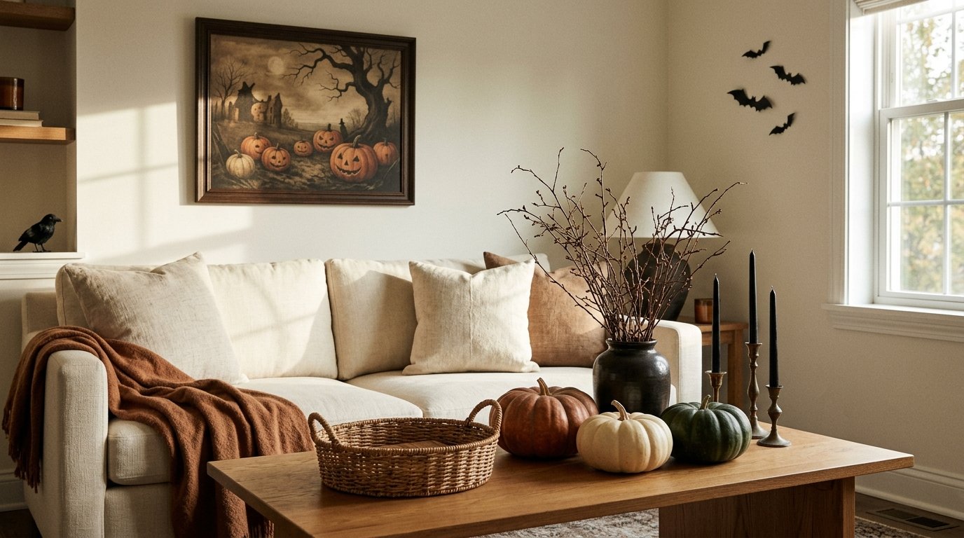 Cozy living room blending autumn warmth with Halloween style featuring a pumpkin landscape painting, dark taper candles, and muted pumpkins