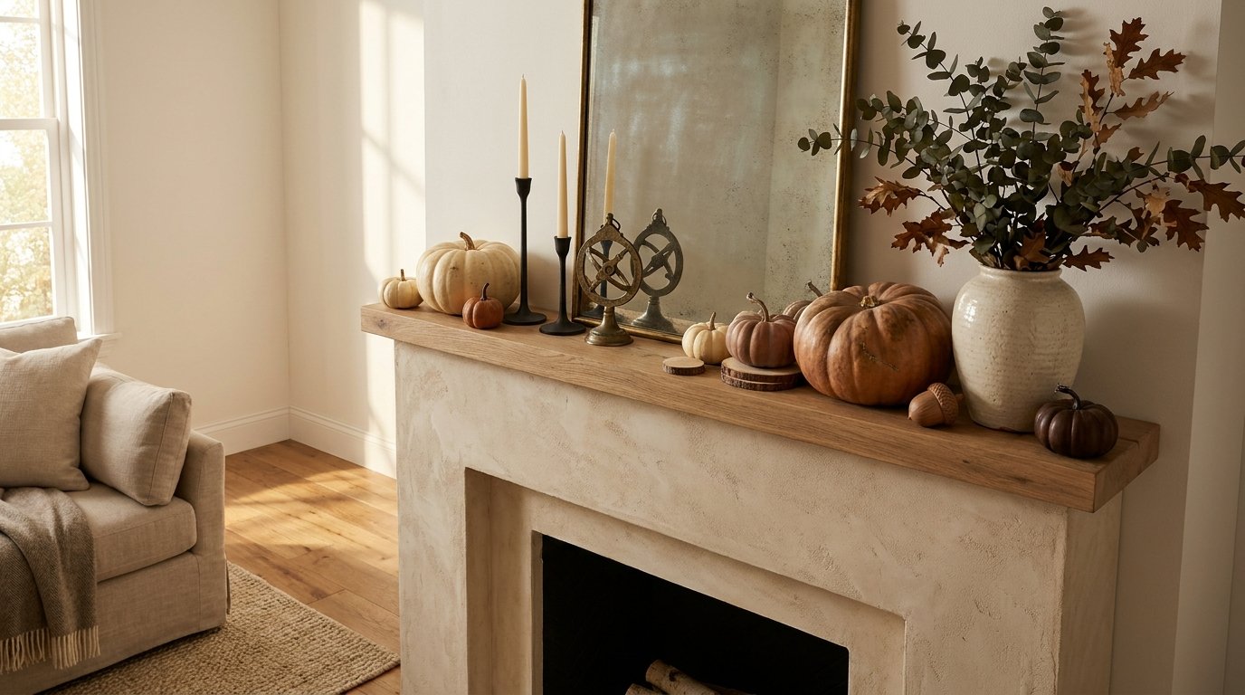 Well-balanced fireplace mantel arrangement featuring a tall ceramic vase on one side balanced by stacked pumpkins and slender candles