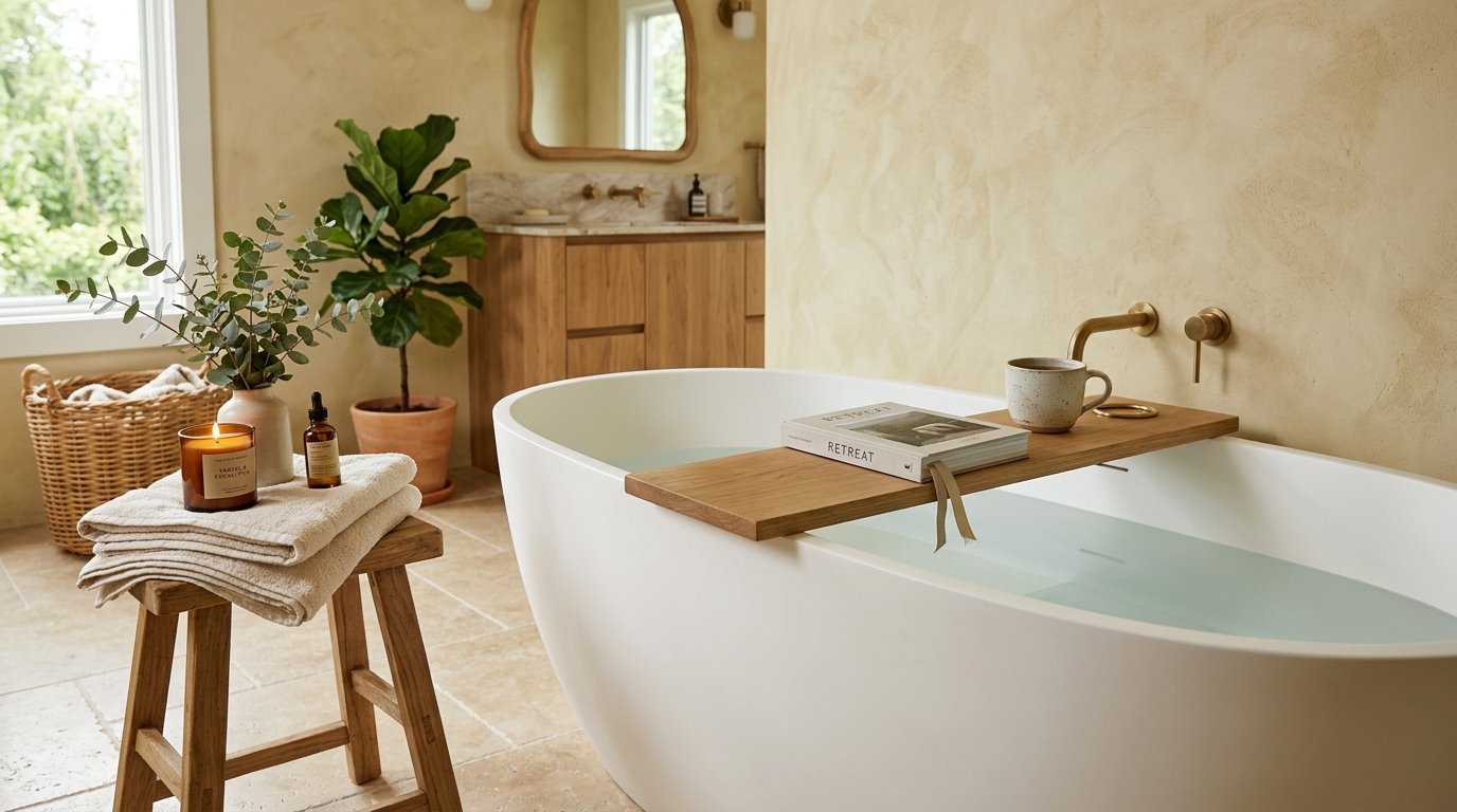 Oval freestanding bathtub styled with a wooden bath tray holding a book, ceramic mug, candle, and fresh eucalyptus