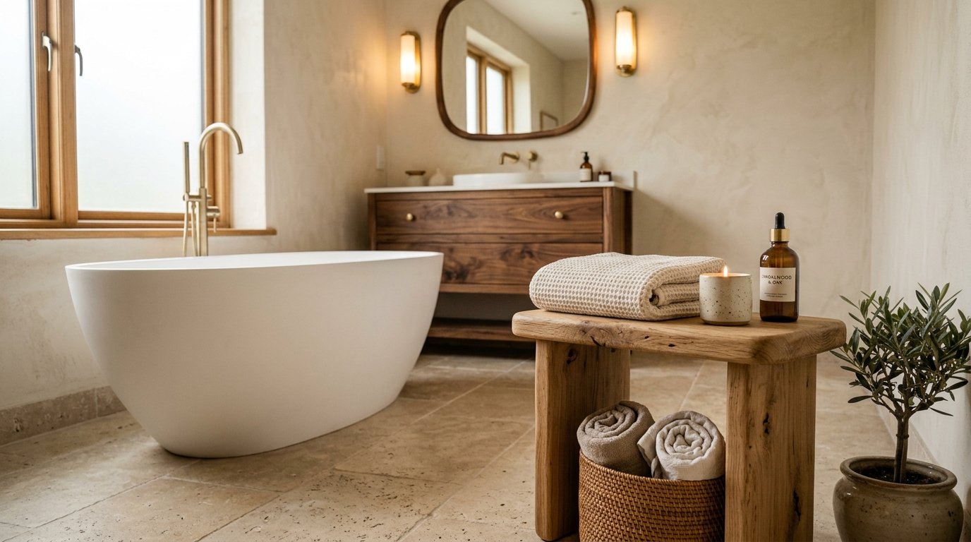 Rustic solid wood stool placed beside a freestanding tub holding a waffle towel, glowing candle, and apothecary oil