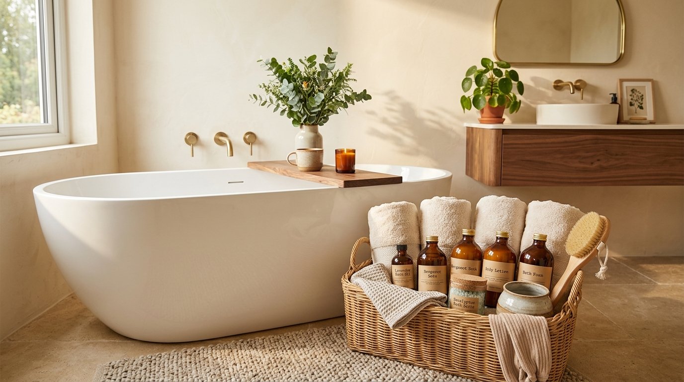 Woven spa gift basket resting on a bath rug filled with rolled washcloths, amber apothecary bottles, and a dry brush