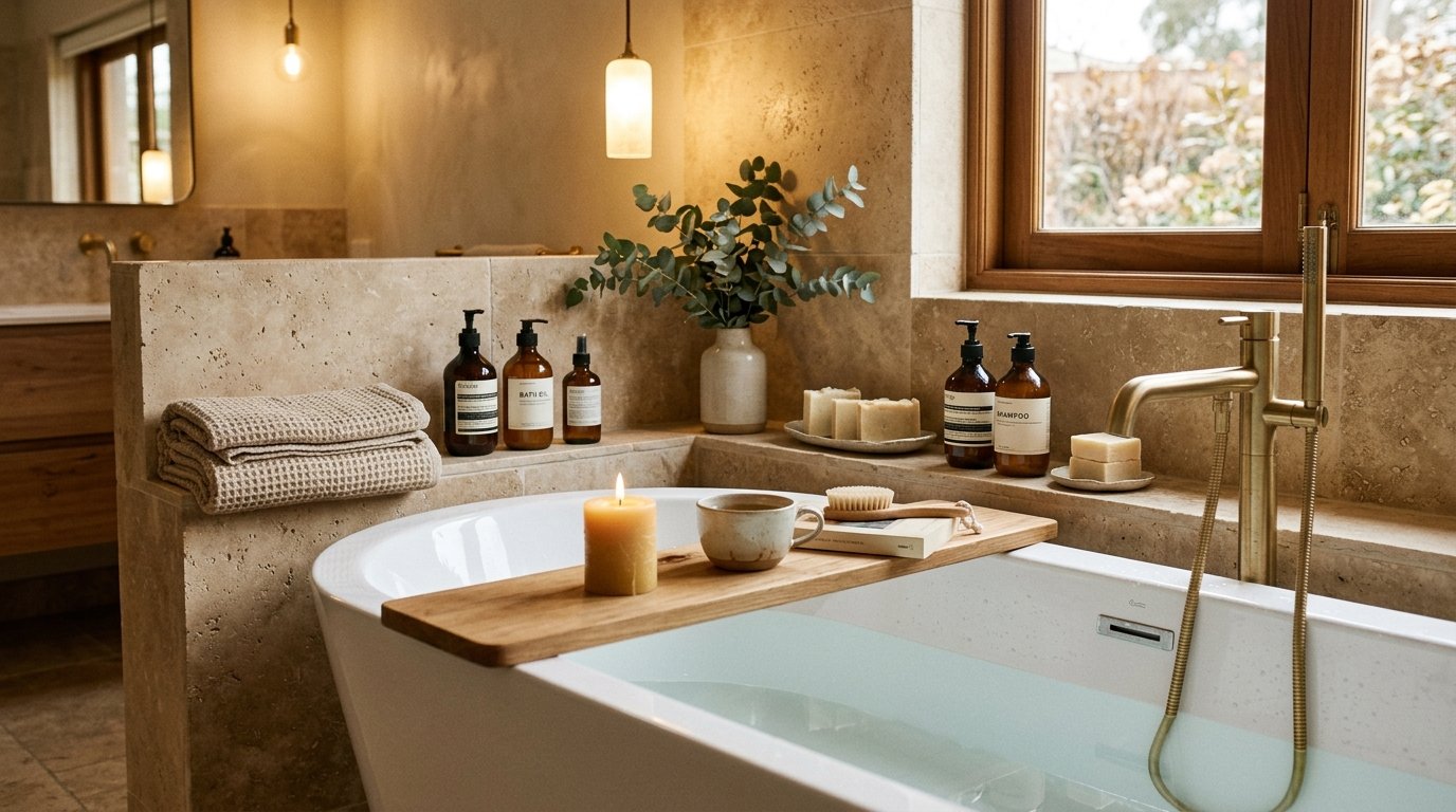 Travertine bathtub ledge and wooden bath caddy displaying amber glass soap bottles, bar soaps, and a natural bath brush