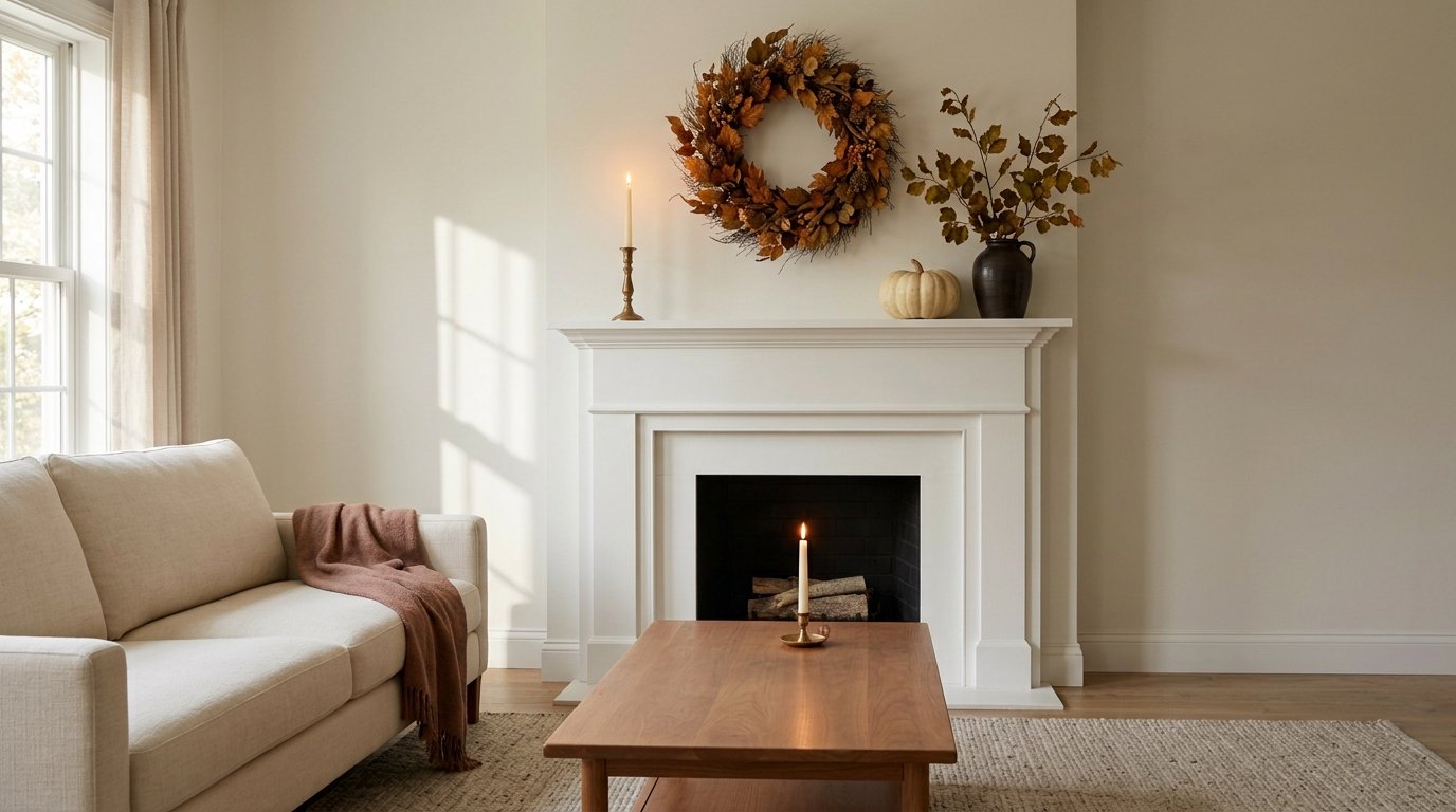Minimalist fireplace mantel adhering to the simple decor formula with one wreath, a single candle, and one small pumpkin