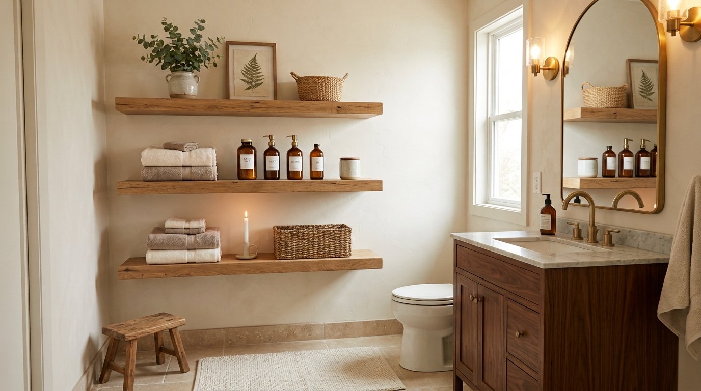Triple natural oak floating open shelves installed beside the toilet holding towels, baskets, and apothecary jars