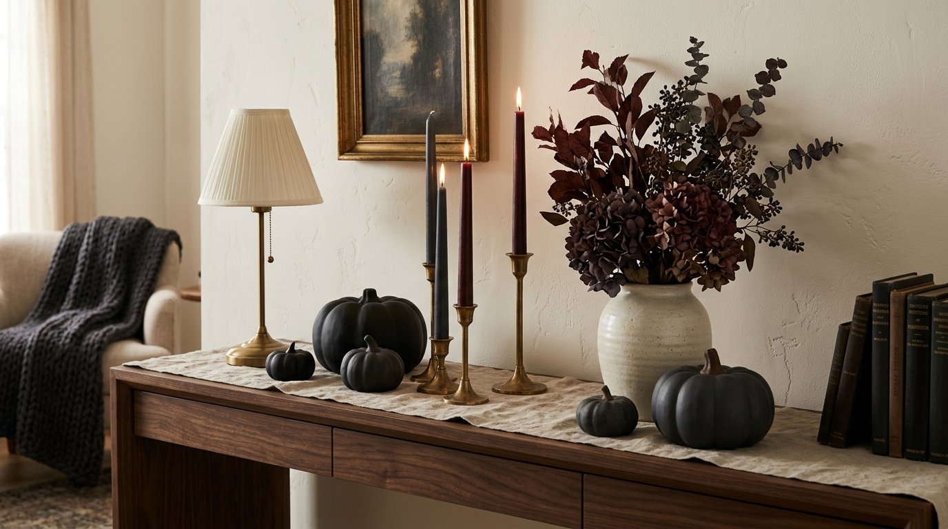 Sophisticated entryway console table featuring matte black pumpkins, antique brass taper candlesticks, and moody florals