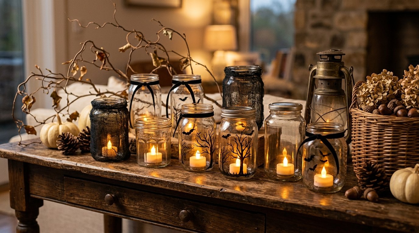 Upcycled glass jars converted into Halloween lanterns with black gauze, silhouette tree painting, black ribbon, and glowing LED candles