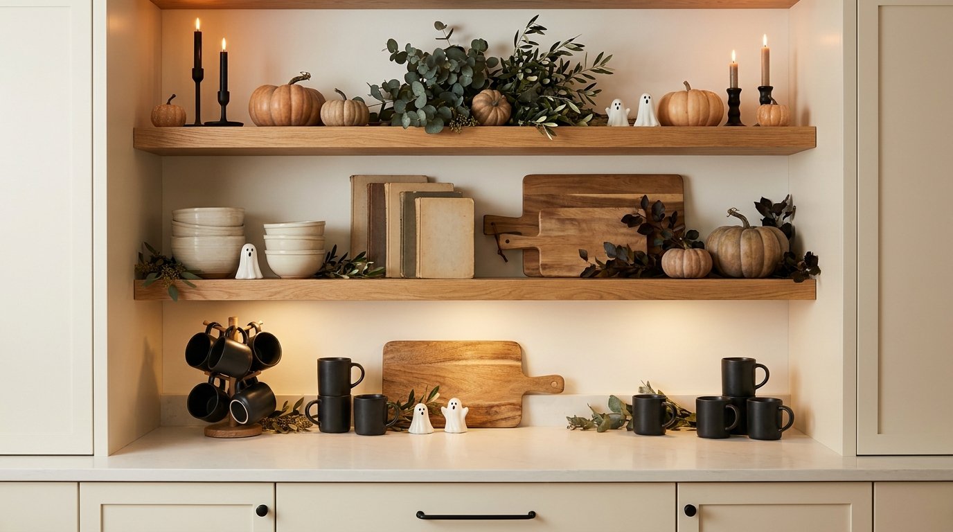Oak open kitchen floating shelves styled with stacked neutral dishes, mini pumpkins, black taper candles, and ghost salt shakers