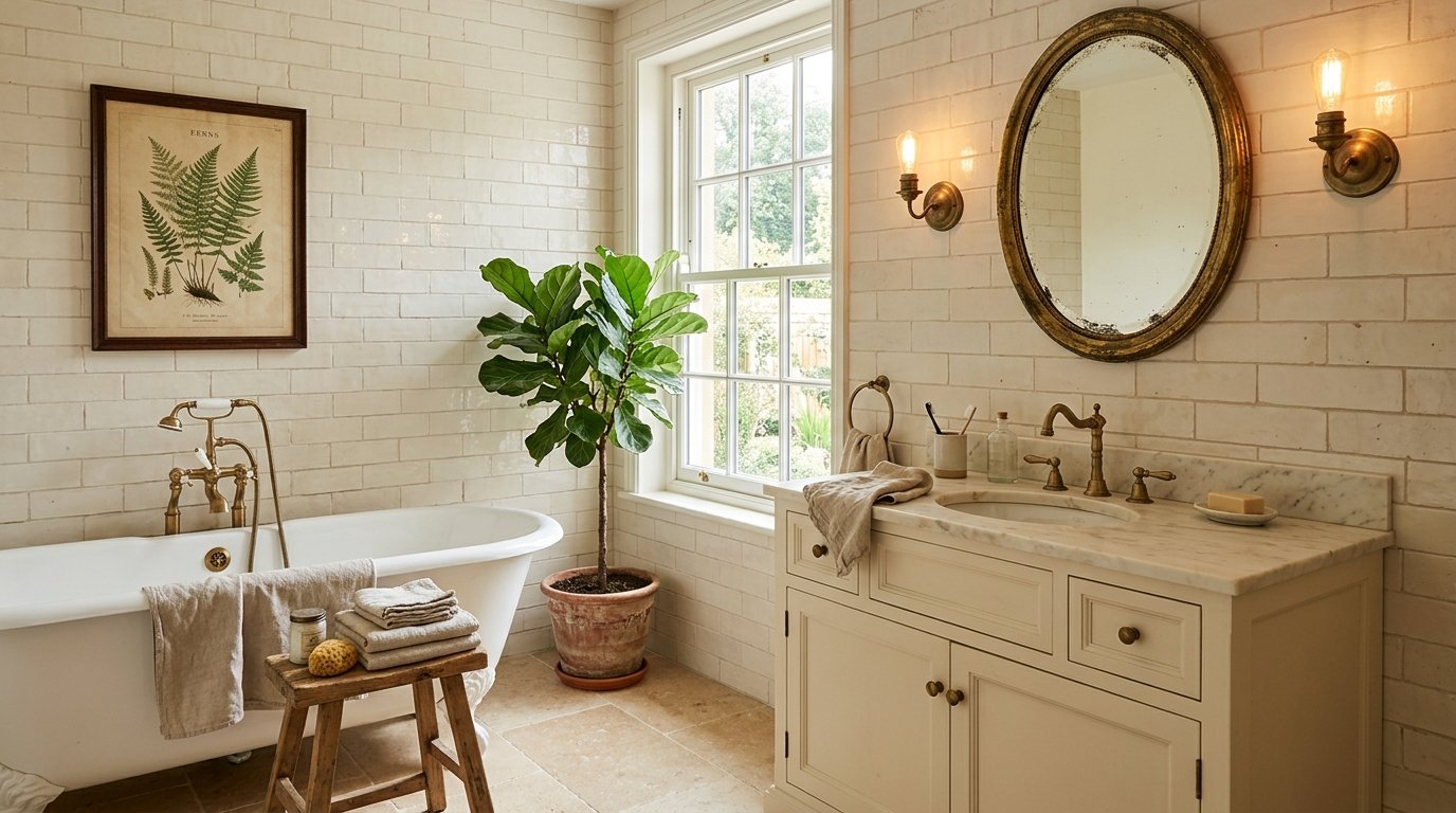 Vintage-inspired bathroom featuring an antique ornate oval mirror, traditional brass faucets, and framed botanical fern art