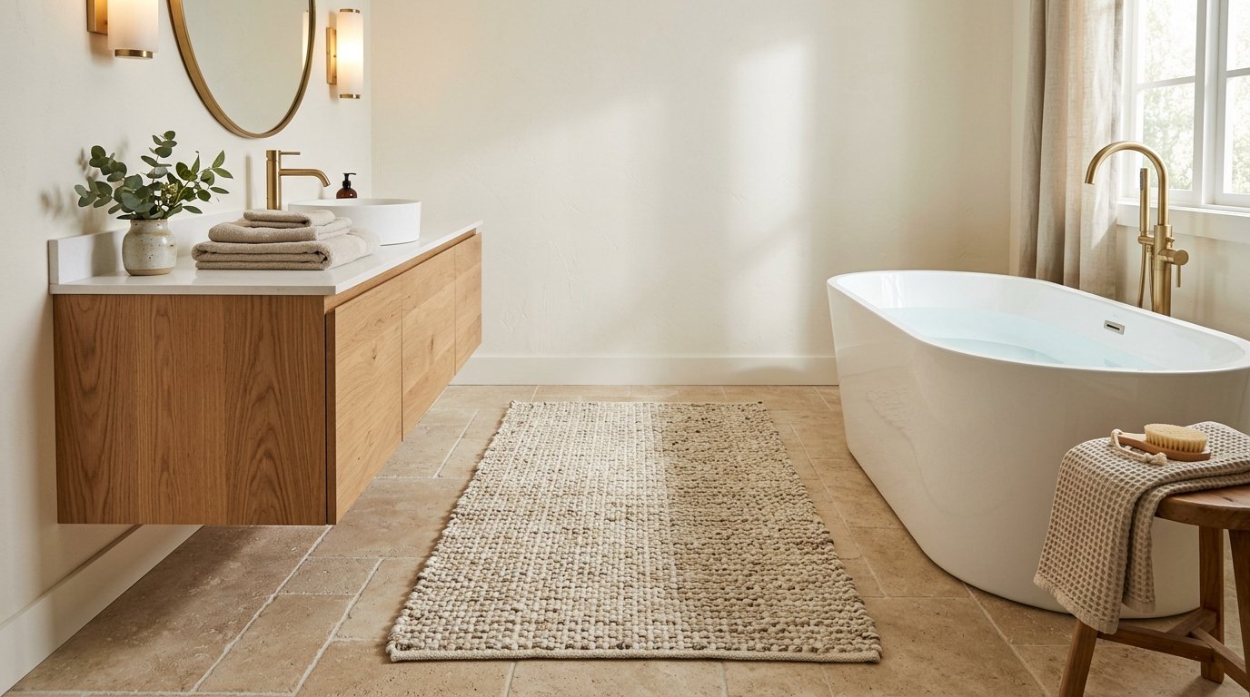 Textured cream and oatmeal woven runner bath rug centered on beige tile between a floating vanity and bathtub