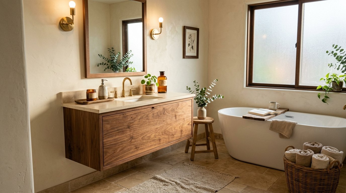 Natural woven wicker basket sitting on the floor filled with rolled washcloths beneath a floating walnut vanity