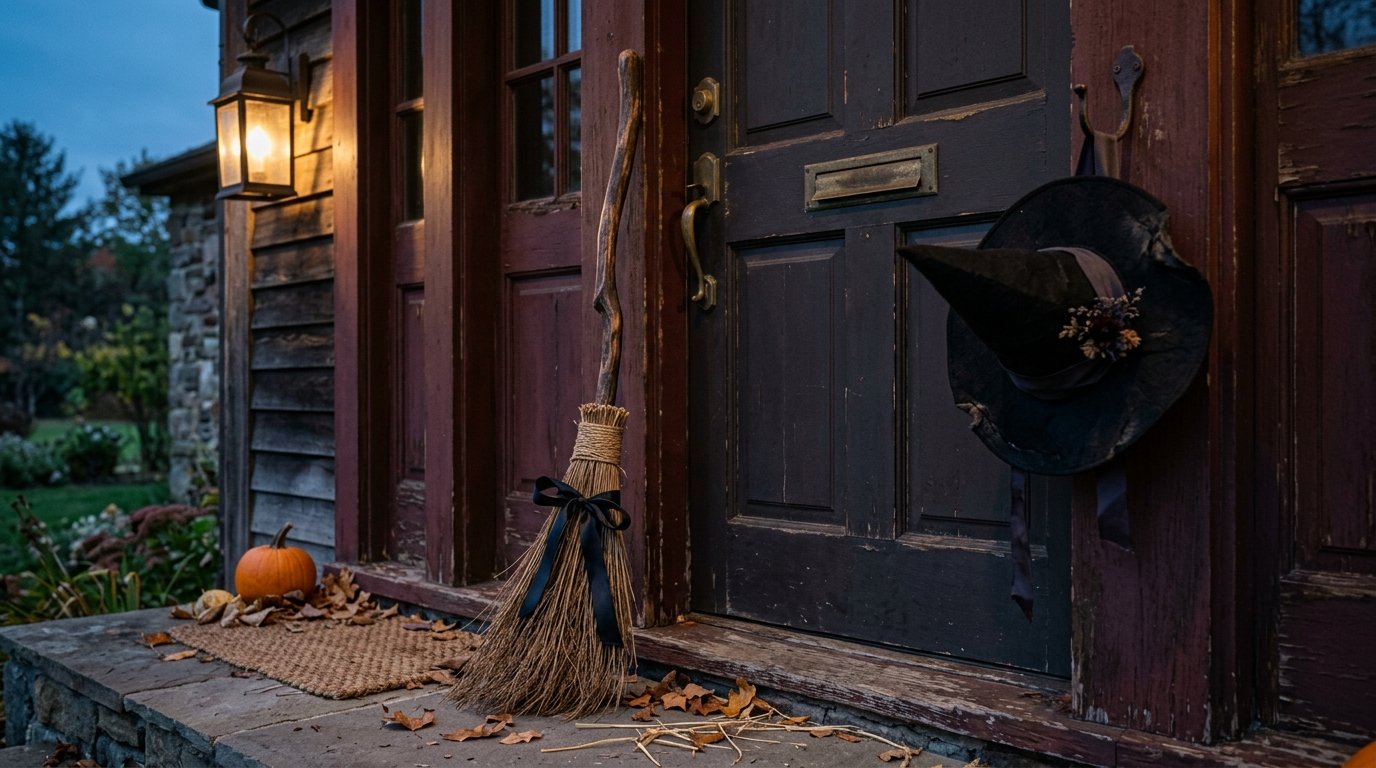 Rustic straw witch's broom tied with a black bow leaning against a dark front door next to a hanging witch's hat