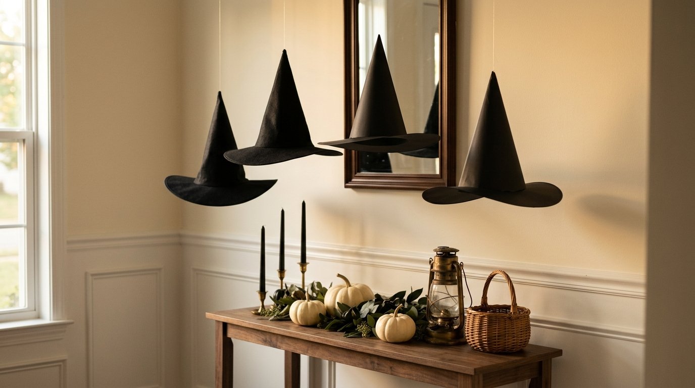 Entryway console table with black pointed witch hats suspended from the ceiling to look like they are floating in midair