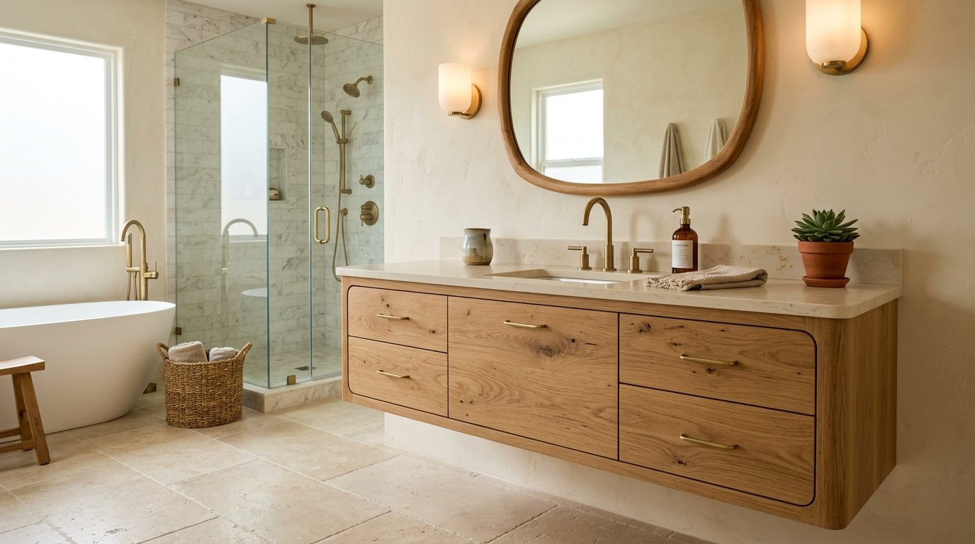 Floating natural oak bathroom vanity with rounded edges, warm wood grain, and a matching wood-framed mirror