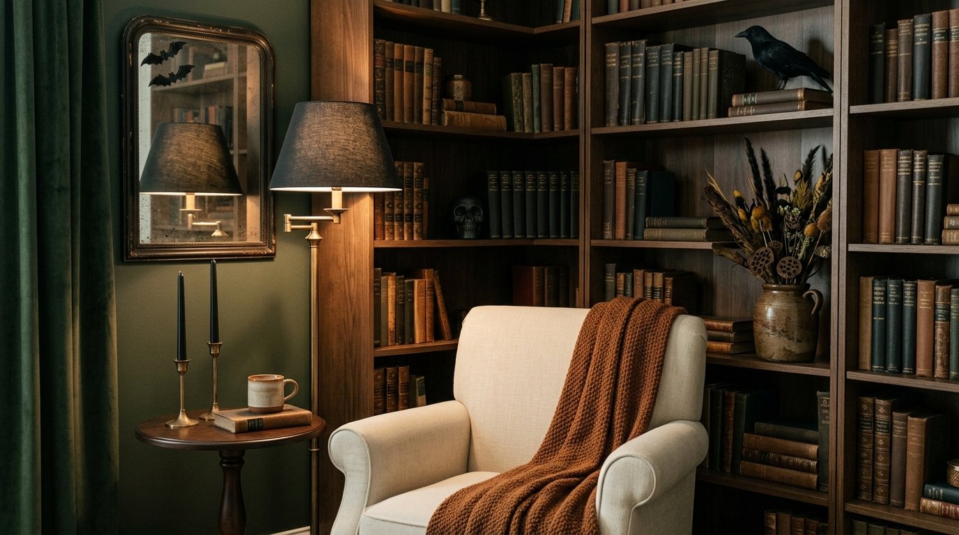 Dark academia reading corner with subtle Halloween accents including a black crow on a bookshelf, black candles, and wall bats