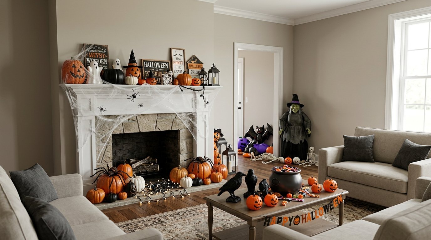 Example of over-decorated living room cluttered with competing plastic Halloween novelties, fake cobwebs, and inflatables