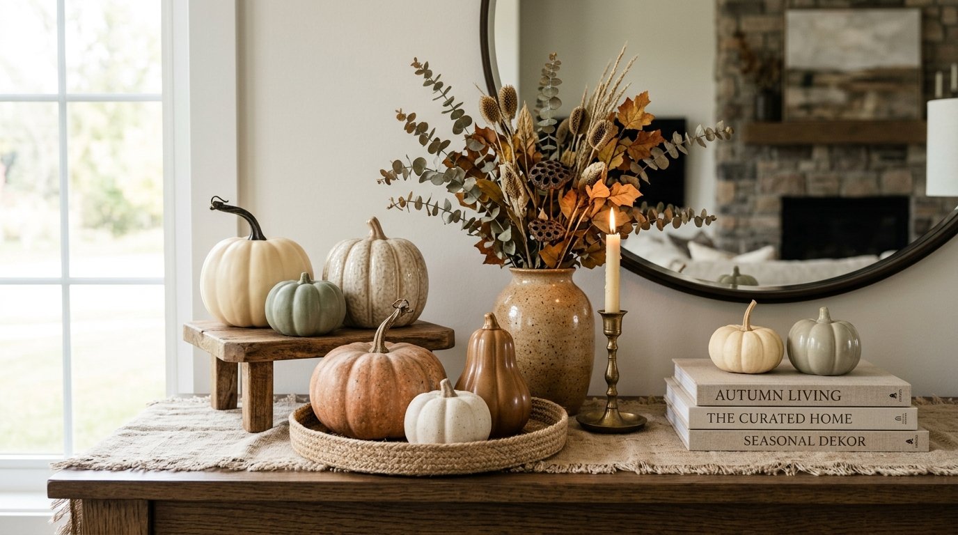 Console table arrangement featuring heirloom ceramic pumpkins in soft cream and sage tones displayed on a jute tray
