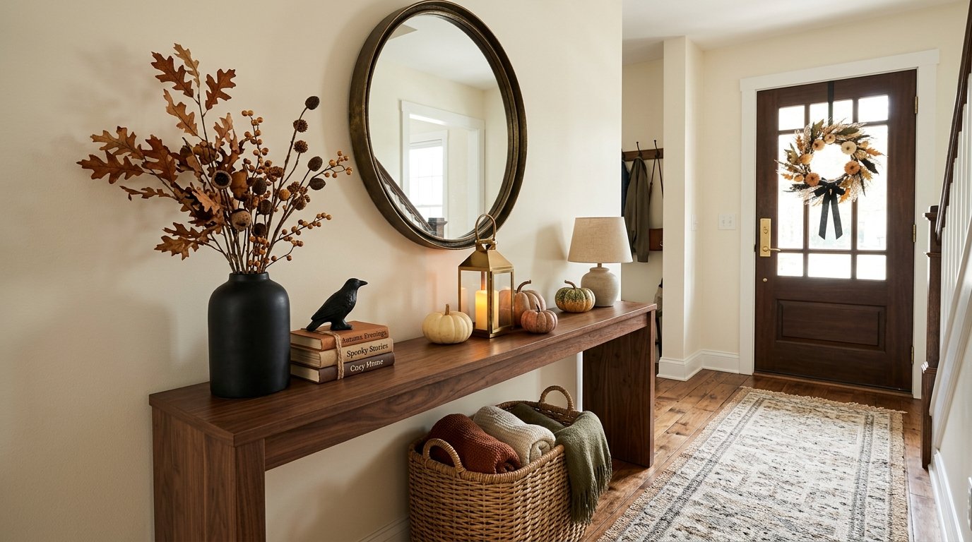 Welcoming entryway console table styled with dried oak branches in a black vase, miniature pumpkins, and a black crow figurine