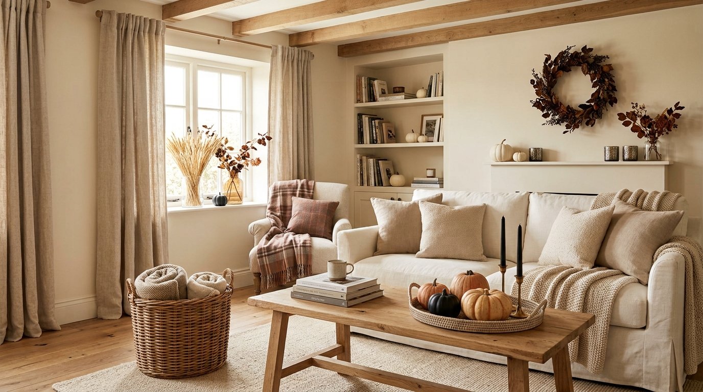 Cozy neutral living room seamlessly incorporating subtle autumn textures, woven baskets, and muted pumpkins into farmhouse decor