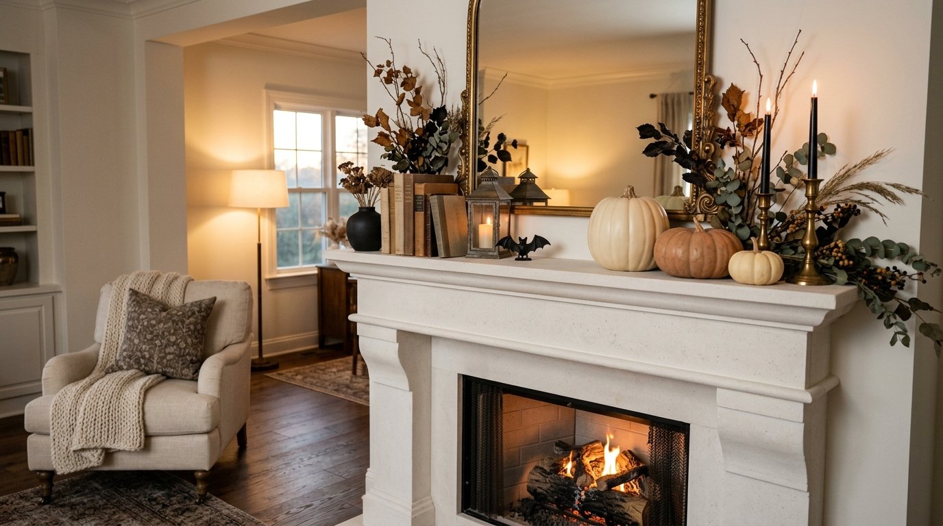 Fireplace mantel decorated with an arched gold mirror, heirloom pumpkins, dark dried florals, and black taper candles
