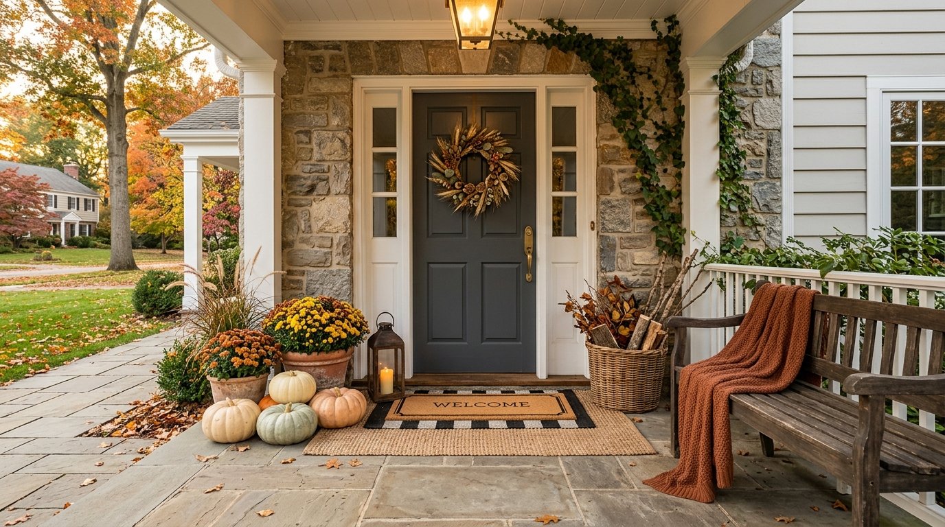Stone front porch styled for autumn with clustered heirloom pumpkins, potted mums, lanterns, and a layered welcome mat