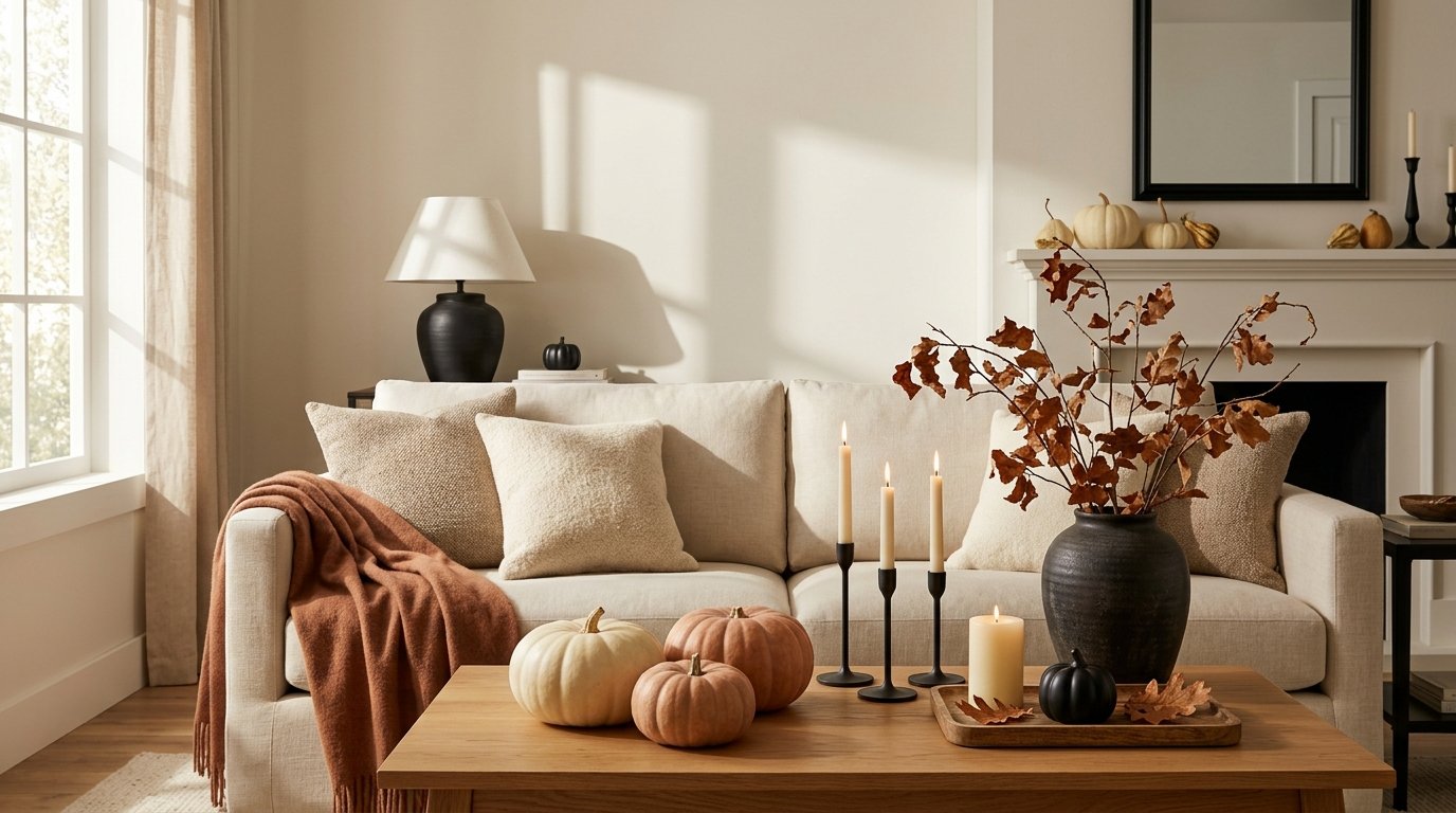 Warm living room coffee table decorated with muted cream pumpkins, black taper candles, and dried fall foliage