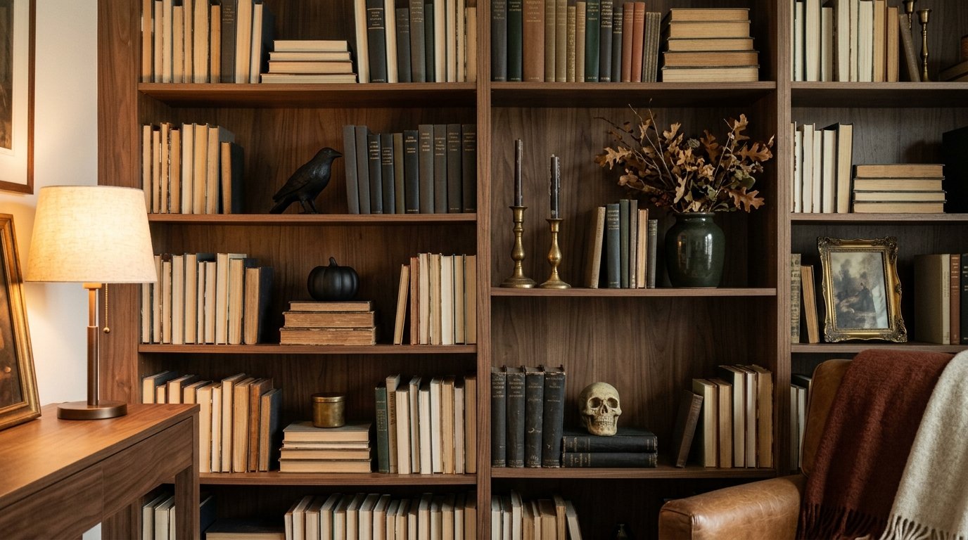 Dark wood built-in bookshelves tastefully styled with vintage books, a subtle decorative skull, brass candlesticks, and a crow