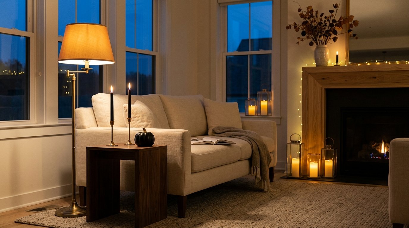 Cozy evening living room illuminated by a floor lamp, warm fireplace glow, pillar candle lanterns, and black tapers