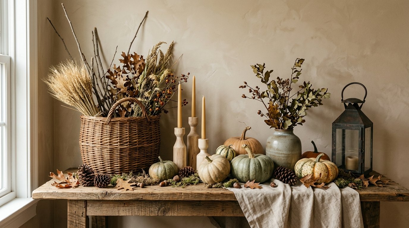Rustic wooden table display styled with wicker baskets of wheat, dried branches, pinecones, and muted green pumpkins