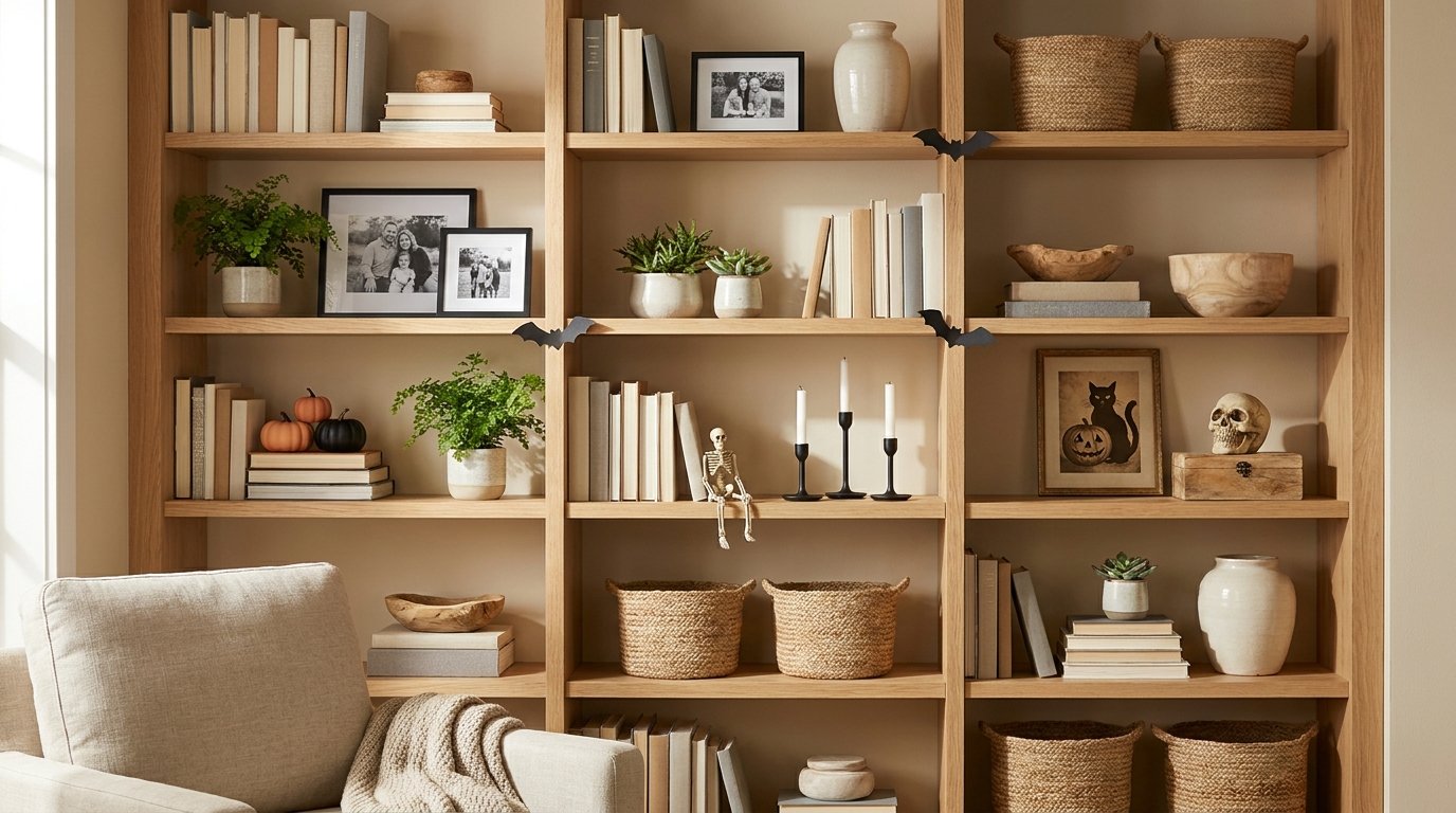 Built-in wooden bookshelves subtly decorated for Halloween with paper bats on shelf edges, a miniature seated skeleton, candles, and a skull