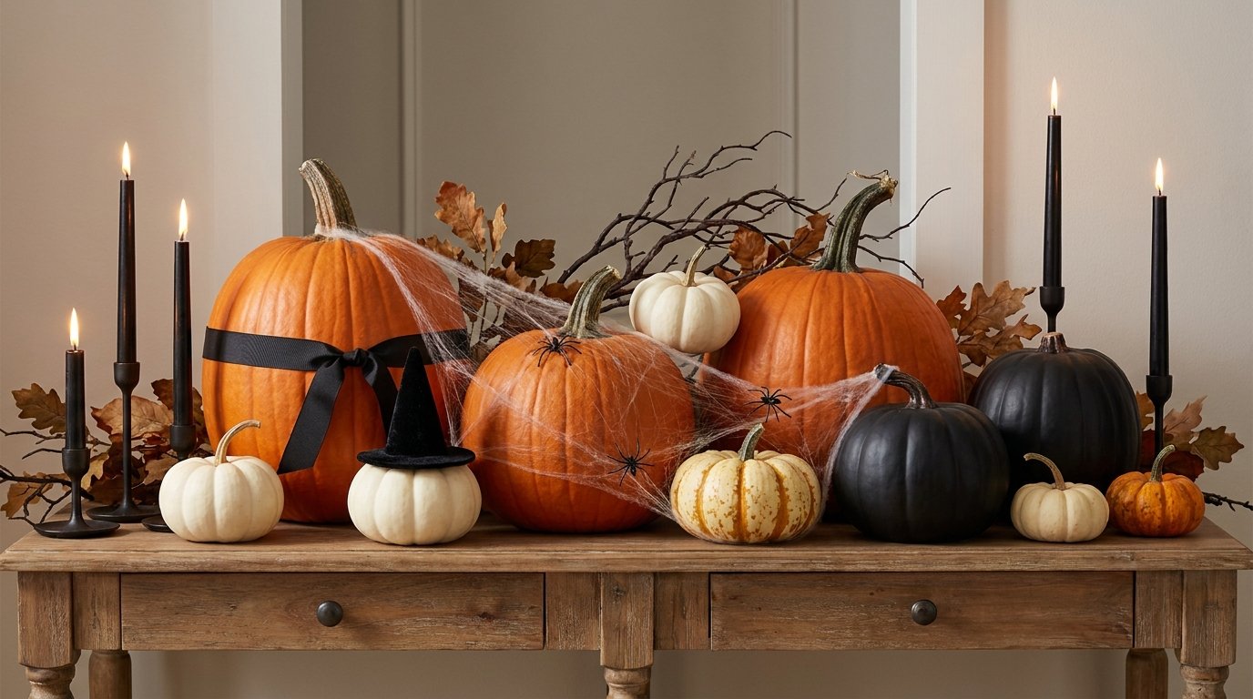Wooden console table styled with a mix of orange, white, and black pumpkins draped in delicate cobwebs and wearing a miniature witch hat