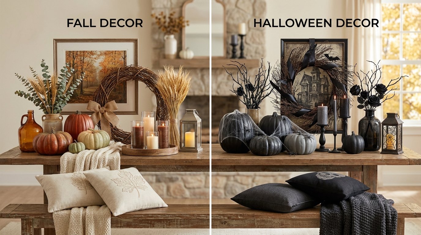 Side-by-side comparison on a wooden table displaying neutral harvest fall decor on the left alongside dark, gothic Halloween decor on the right