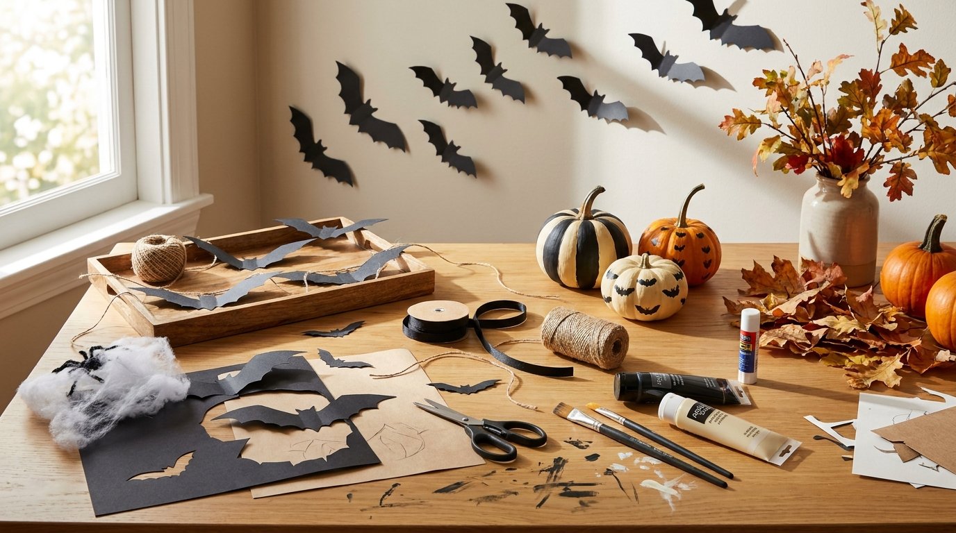 Table laid out with crafting materials including cut-out black paper bats, striped painted pumpkins, twine, paintbrushes, and autumn leaves