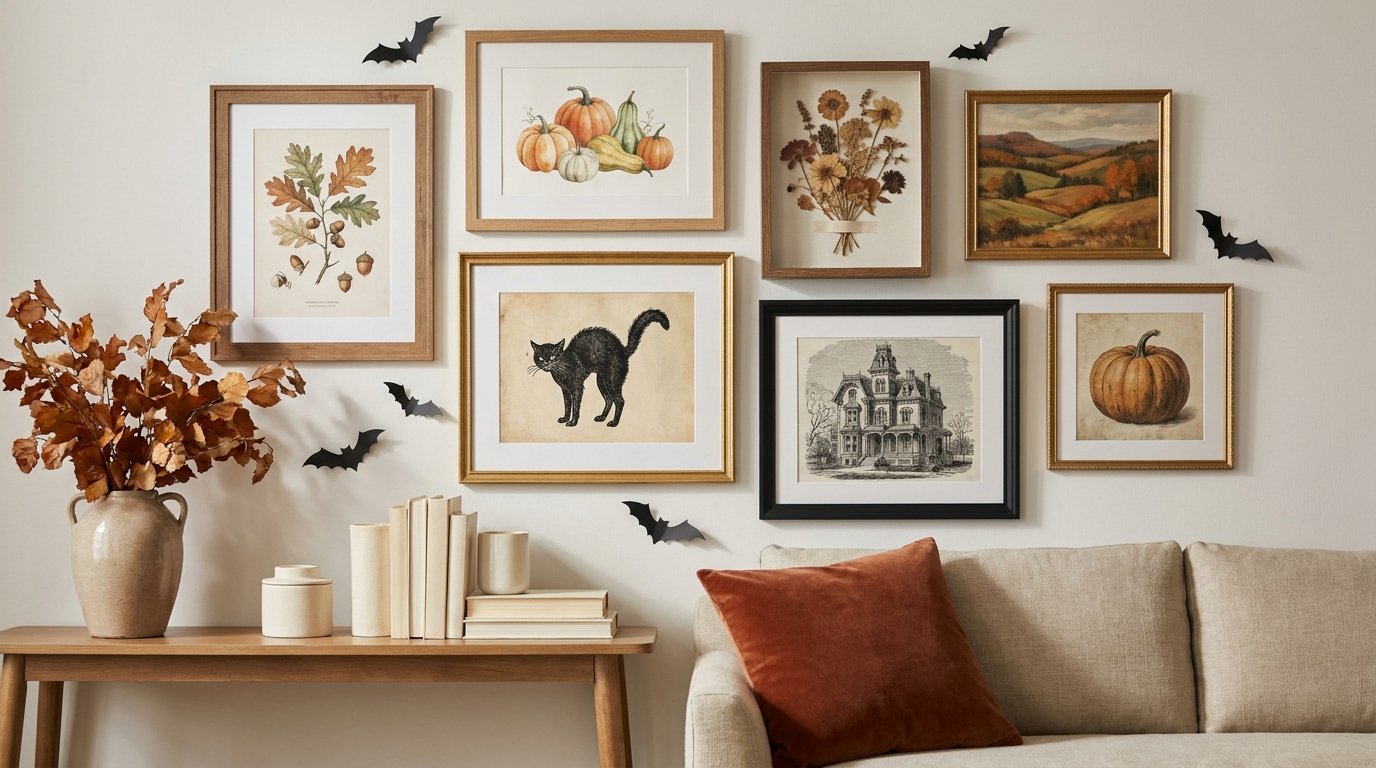 Gallery wall combining autumn botanical prints and landscape art with a vintage black cat illustration, haunted house sketch, and paper bats