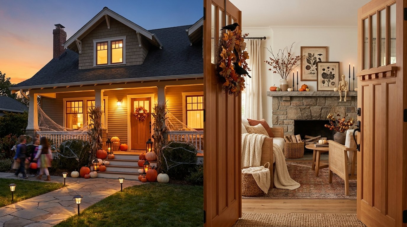 View through an open front door looking from a lit Halloween porch into a warm, inviting living room decorated for autumn and Halloween