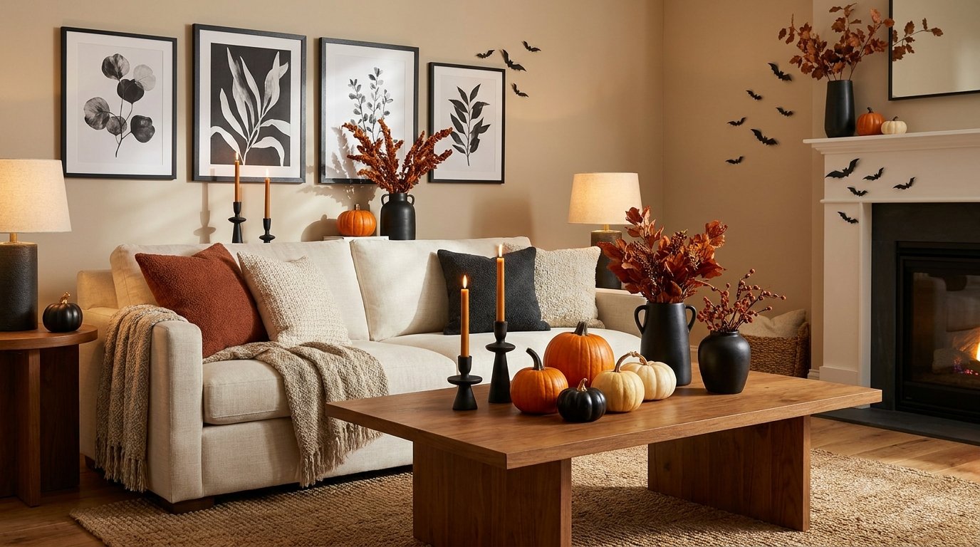 Warm neutral living room anchored by a wooden coffee table displaying autumn pumpkins, dark branches, and subtle black wall accents
