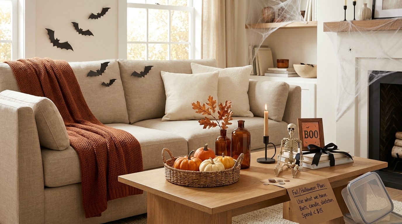 Cozy living room coffee table with a handwritten budget note detailing a plan to use existing decor and spend under fifteen dollars