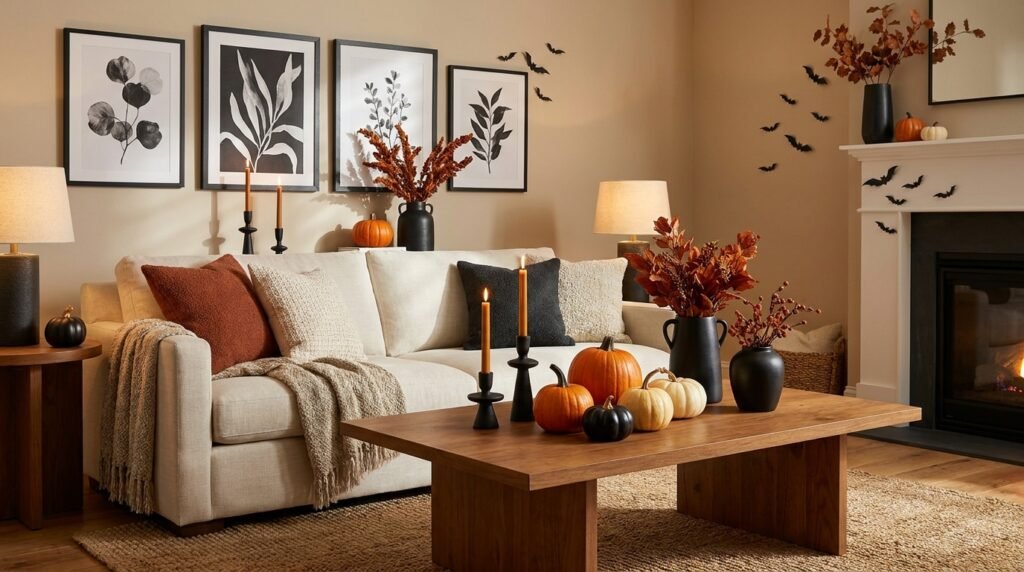 Warm neutral living room anchored by a wooden coffee table displaying autumn pumpkins, dark branches, and subtle black wall accents